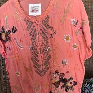 Johnny Was Coral Graphic Embellished Blouse with Mandarin Collar